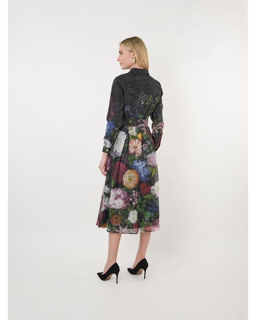 John Abgin Black Taffeta Floral Placement Print Shirt Dress