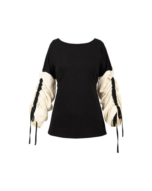 ALINA CERNĂTESCU Black Neutrals Salem Cotton Statement Sleeves Adjustable Sweater Office Daywear Blouse