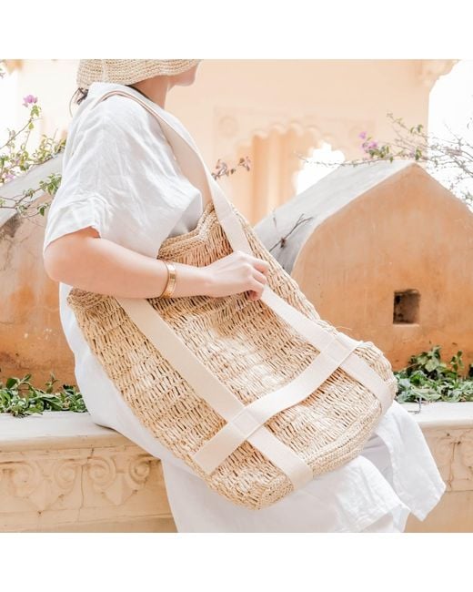 LIKHÂ White Neutrals Handwoven Raffia Beach Tote And Sun Hat Set