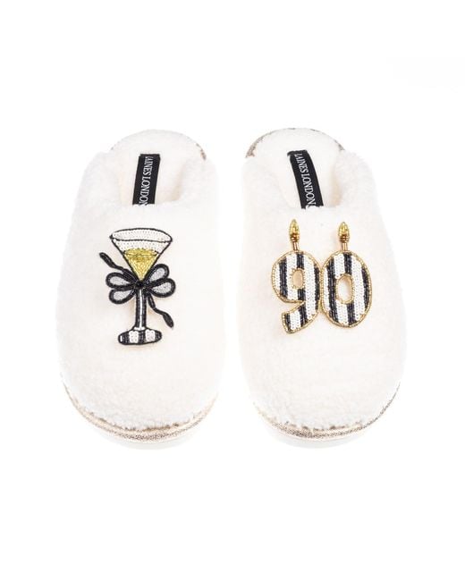 Laines London White Neutrals Teddy Closed Toe Slippers With Stripe 90Th Birthday & Champagne Glass Brooches