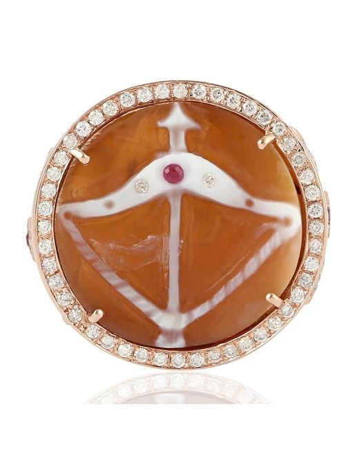 Artisan Brown 18k Gold Shell Cameos Archer Symbol Diamond Ruby Gemstone Ring Jewelry