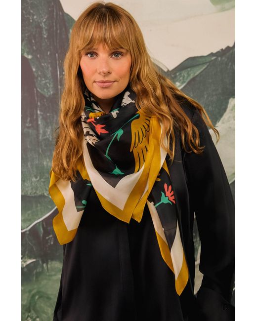Artemis Muse Black Regal Doves & Lions & Colourful Luxury Silk Scarf