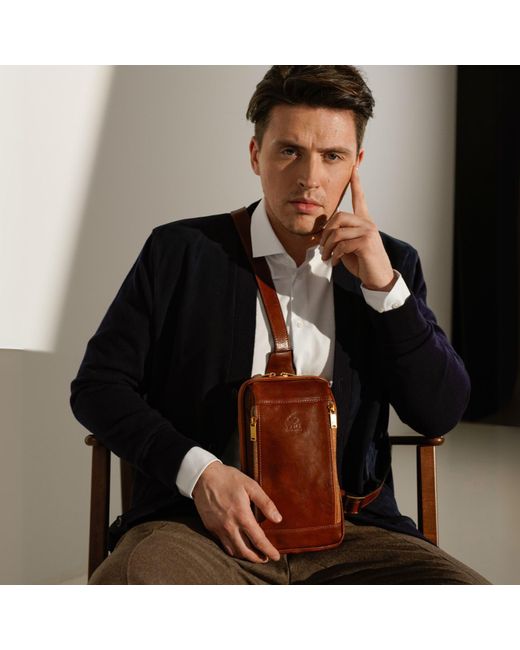 Time Resistance Brown Cognac Leather Sling Bag Chest Bag for men
