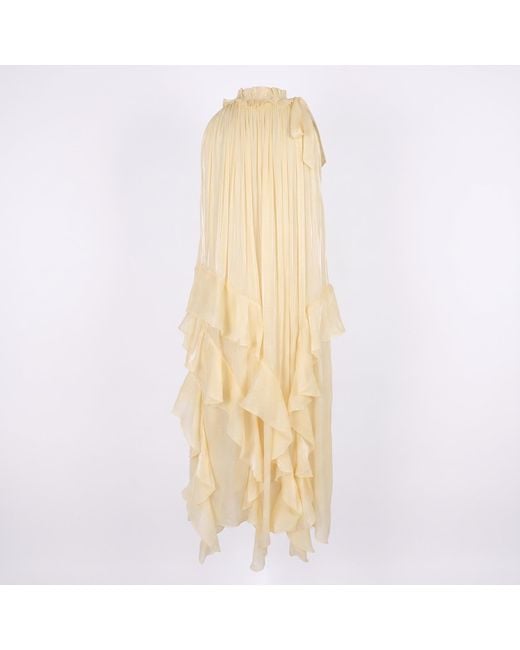 Modenaire Metallic Halter Neck Maxi Dress With Ruffle Layers And Waist Tie