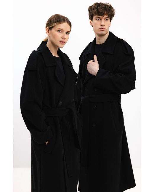 InAvati Black Long Double-Breasted Wool Coat