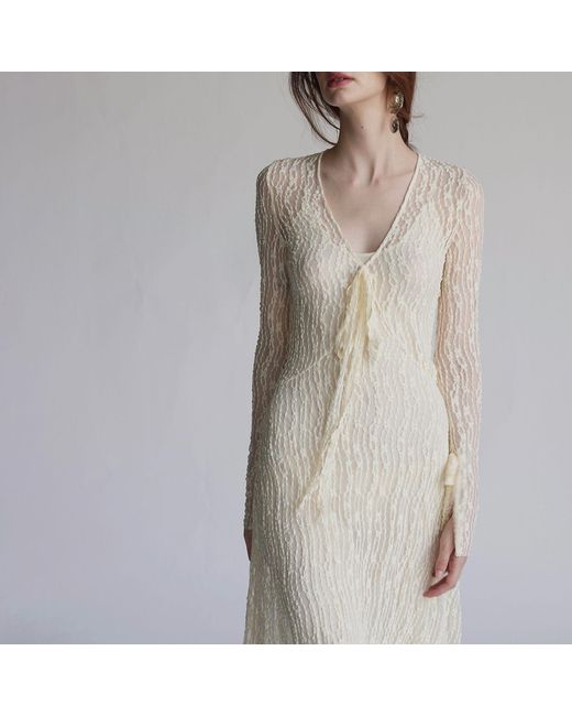 Belsize25 Natural Trumpet Dress Flared Sleeve Sheer Lace Knit Dress