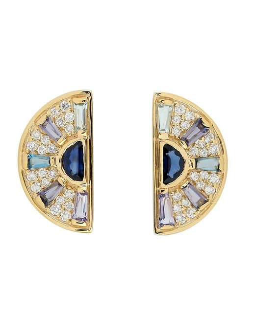 Artisan Metallic 18k Yellow Gold Pave Diamond Baguette Sapphire Aquamarine Topaz Stud Earrings Jewelry