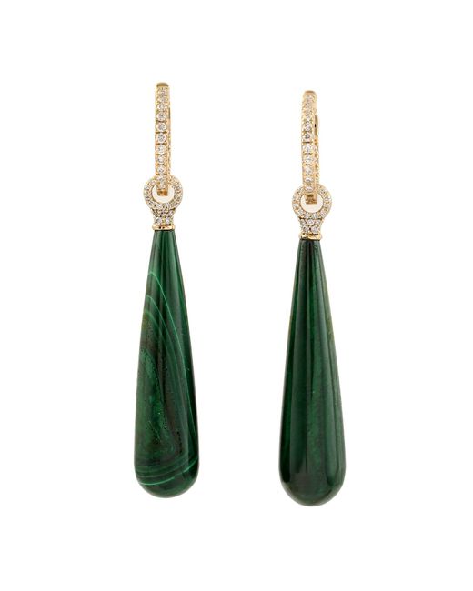 Artisan Green Natural Pave Diamond & Beautiful Malachite Drop Danglers Earrings In 18k Yellow Gold