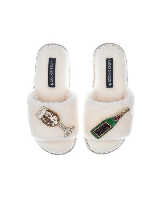 Laines London Metallic Teddy Towelling Slipper Sliders With Bubbles Darling Brooches