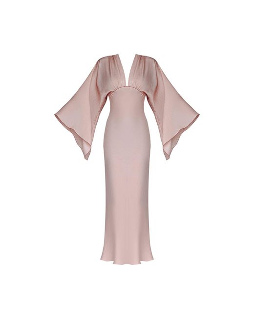 Lily Phellera Pink Scarlett Kimono Gown With Trumpet Sleeves & Red Piping Detail