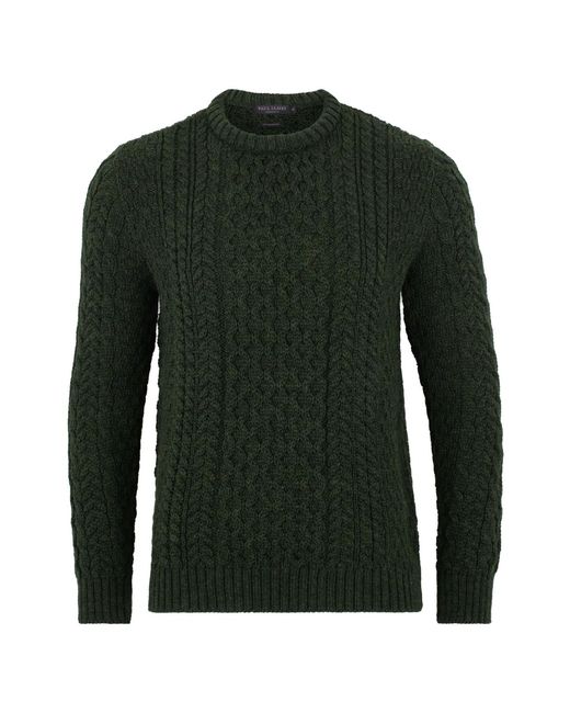 Paul James Knitwear Green Fisherman's British Wool Johnson Cable Jumper for men