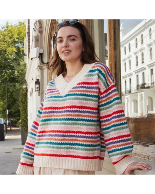 Cara & The Sky Red Jasmine Wide Sleeve V Neck Striped Jumper