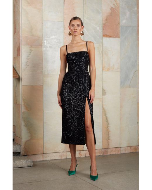 Undress Black Chloe Sequin Midi Cocktail Dress With Front Slit