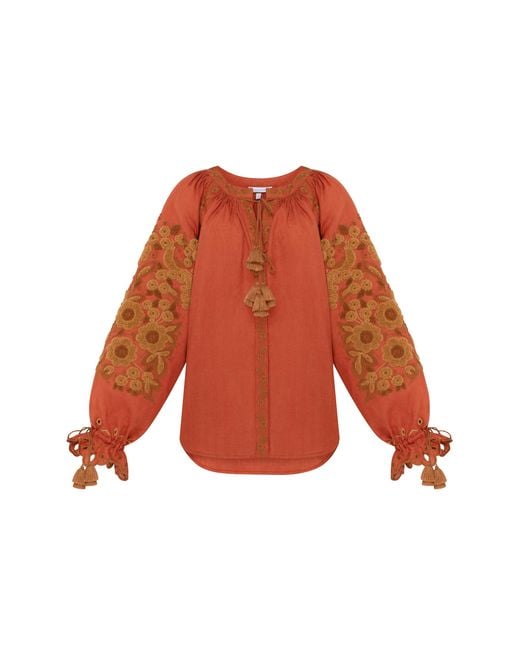 Annabo Orange Harvest Sun Floral Embroidered Linen Blouse –