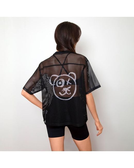 X Ilona Blue Black Graffiti Teddy Bear Sheer Mesh T Shirt