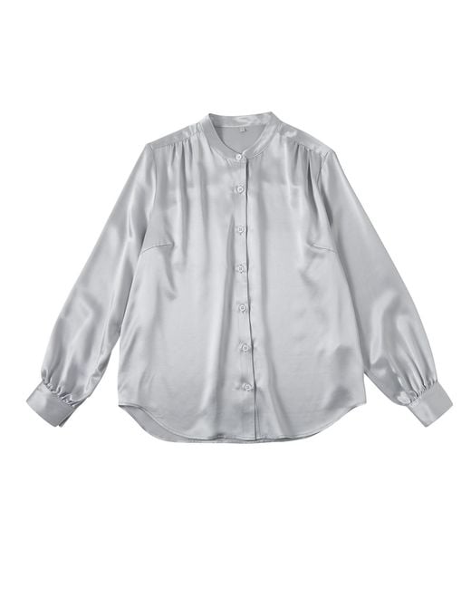 Soft Strokes Silk Gray Pure Silk Long Sleeve Banded Collar Blouse