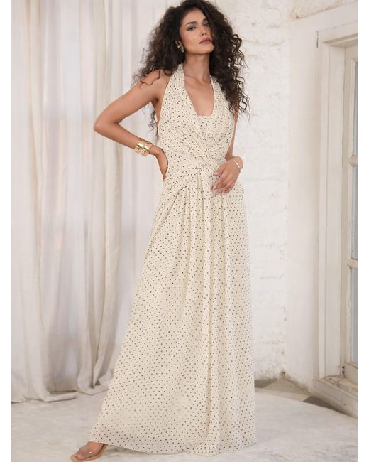 Rose & Nancy White Neutrals Sophi Polka Dot Print Halter Neck Maxi Dress
