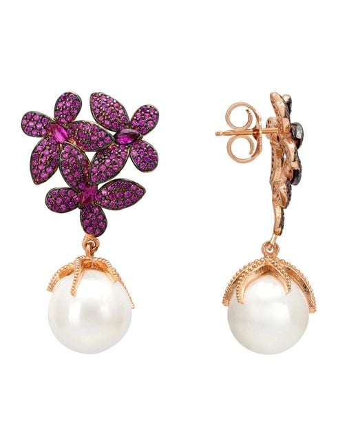 Latelita London Purple Rose Flowers Pearl Earrings Ruby Rosegold