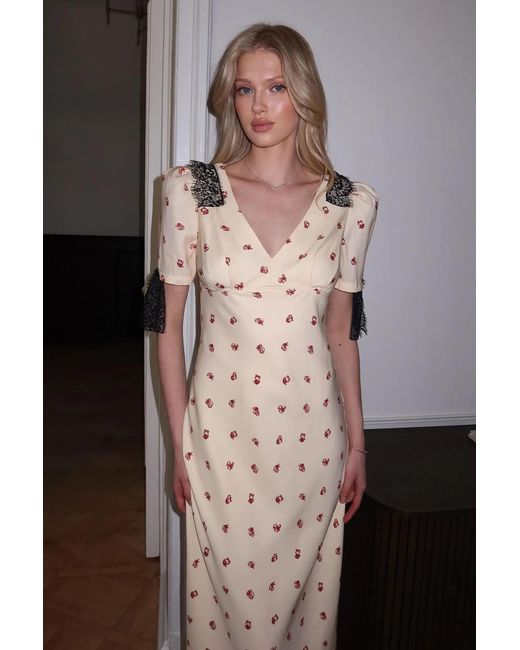 POST MERIDIEM Natural Fitted Lace Midi Dress With Short Sleeves
