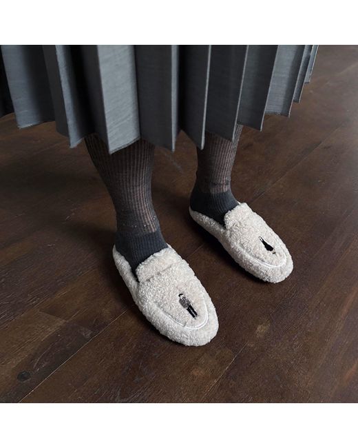 London Atelier Byproduct Blue Neutrals Shearling Mules With Embroidery Patches