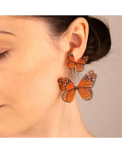 Oana Savu Orange Silk Butterfly Earrings Monarch Wings Lightweight Dangles