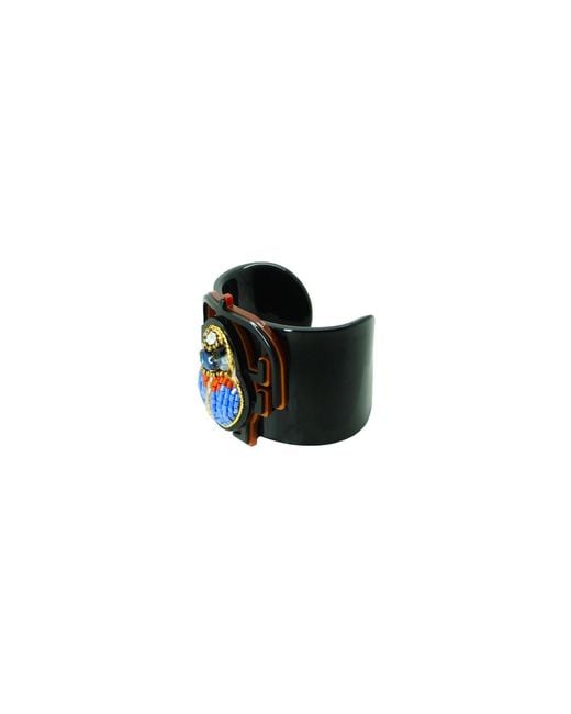 Gissa Bicalho Black Handmade Acrylic Bracelet Scarab Embroidered Topaz