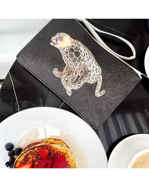 Marokka Design Black Cheetah Medium Clutch Bag Saffiano Leather Finish