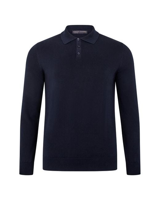 Paul James Knitwear Blue Lightweight Cotton Hall Long Sleeve Knitted Polo Shirt for men