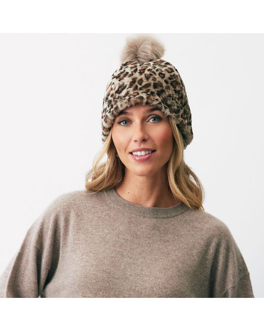 Owen Barry Brown Sheepskin Pull On Beanie Pom Pom Leopard Joni