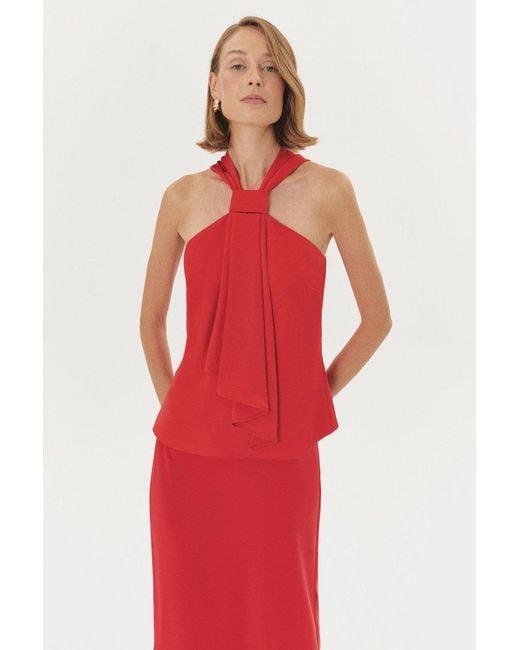 Exquise Red Brandon Knot Detailed Satin Blouse –