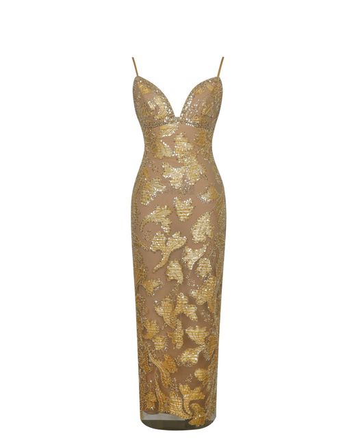 Miss Circle New York Metallic Edie Beaded Sequin Midi Pencil Dress