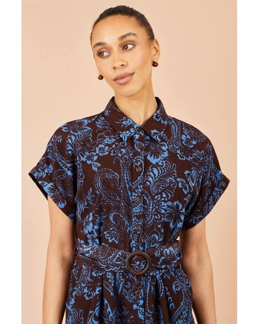 Yumi' Blue Paisley Midi Shirt Dress