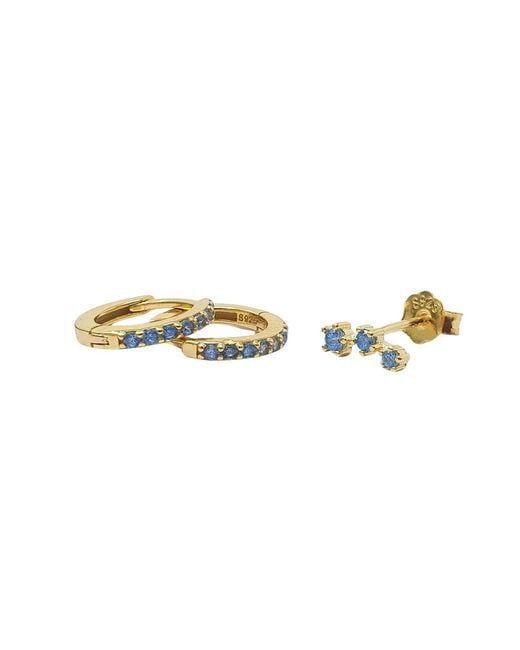 Harfi Metallic Aquamarine March Birthstone Earring Gift Set: Small Huggie Hoops & Climber Studs
