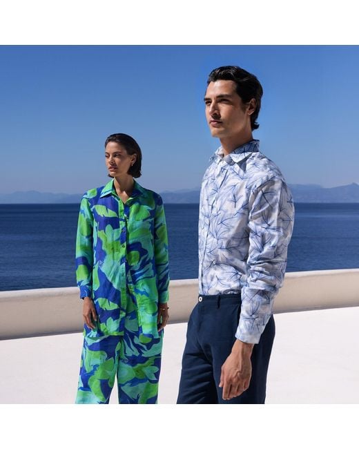 Haris Cotton Green Longline Printed Linen Blend Shirt With Long Sleeves Lagoon