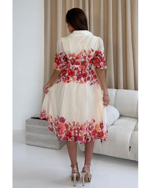 Girl In Mind Red Holland Cream And Floral Collar Midi Dress