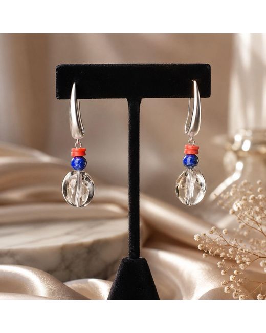 Way to Chic White Neutrals Glass Water Drop Earrings With Lapis Lazuli