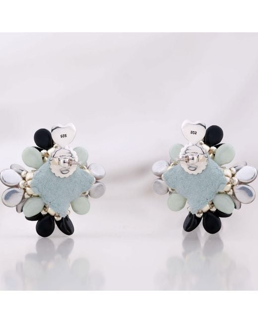 Oana Savu Green Glass Beads Sterling Studs Flower Earrings