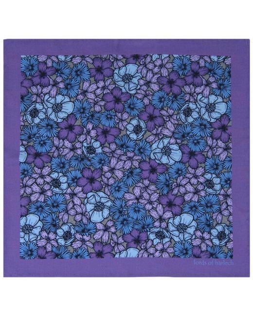 Lords of Harlech Blue Hudson Dense Floral Merino Handkerchief Pocket Square for men