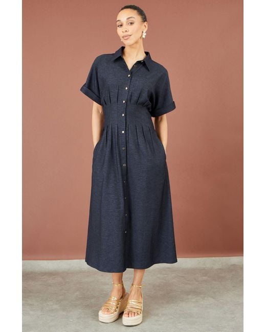 Yumi' Blue Stretch Midi Shirt Dress