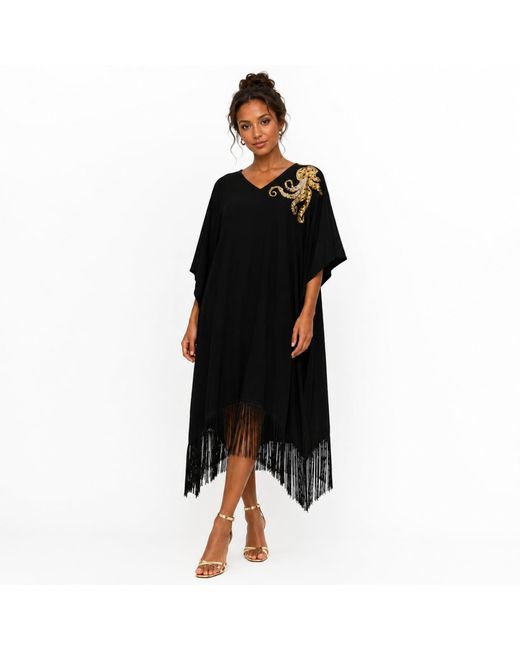 House of Laines London Black Laines Couture Fringed Kaftan With Hand Embellished Octopus