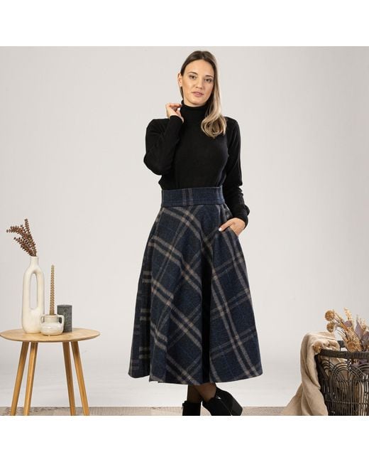 Nikka Place Blue Wool Midi Tartan Skirt With High Waist & Pockets