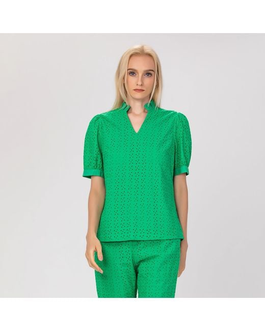 Smart and Joy Green Eyelet Cotton Lace Loose Blouse