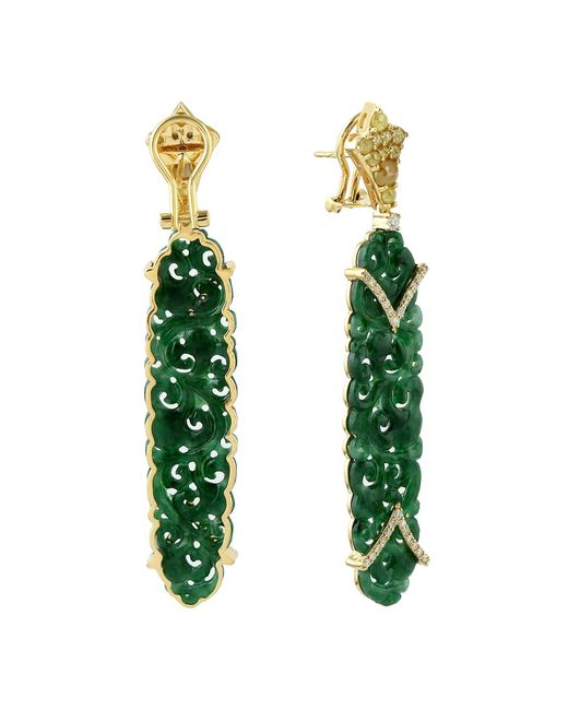 Artisan Green 18K Carved Jade, Ice Diamond And Diamond Drop Earrings
