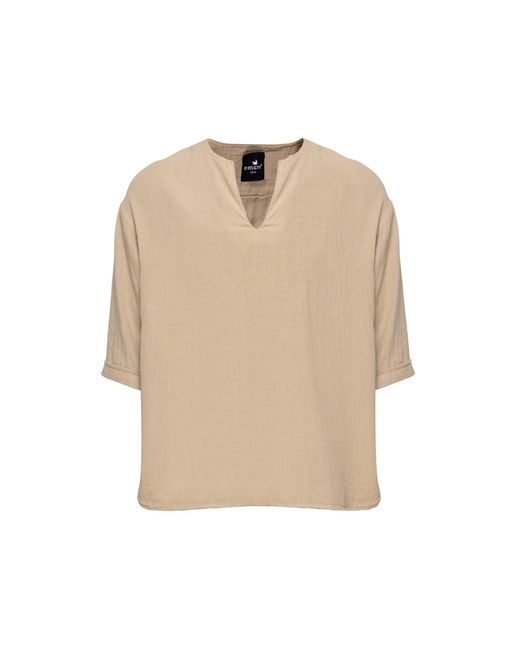 Monique Store Natural Bohemian V Neck 3.4 Sleeve Linen Shirt Camel for men