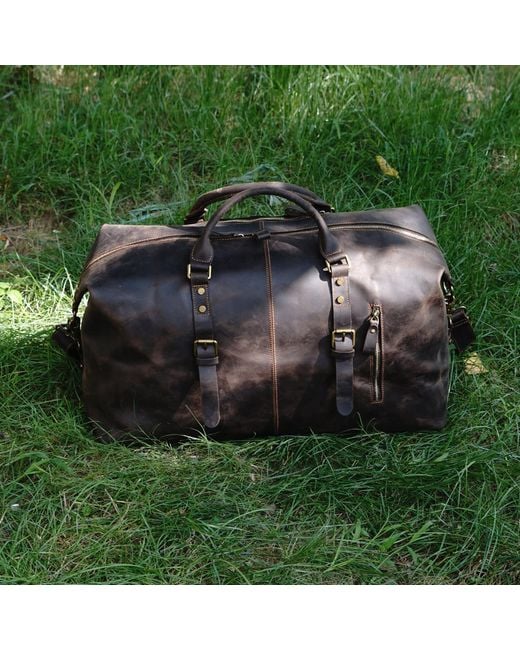 Touri Brown Zip Detail Genuine Leather Holdall Weekender for men