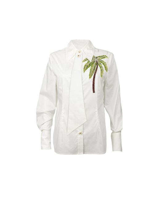 House of Laines London White Laines Couture Tie Shirt With Embellished Palm Tree