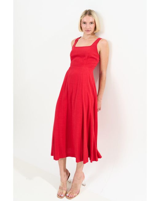 Louche Red Baya Linen Mix Square Neck Midi Dress