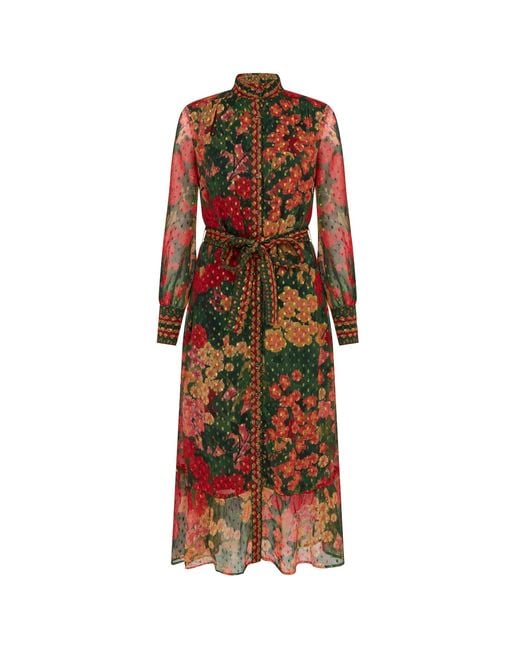 Raishma Red Floral Long Sleeve Belted Shirt Midi Dress