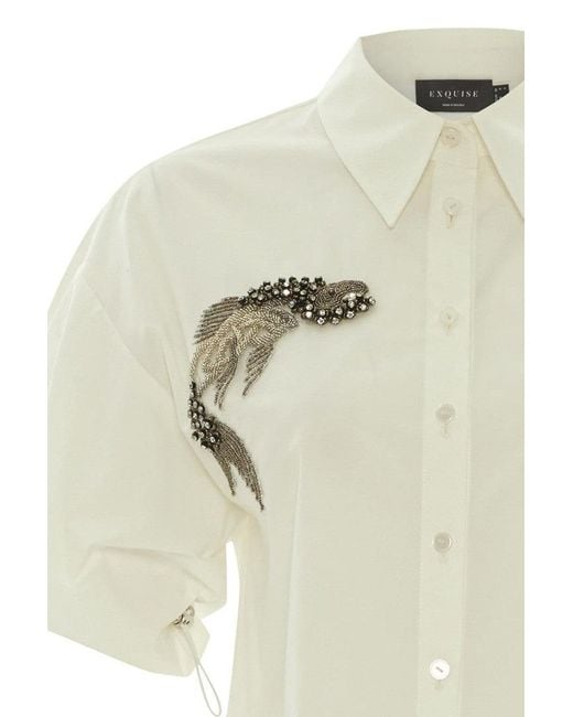 Exquise White Fish Print Embellished Shirt