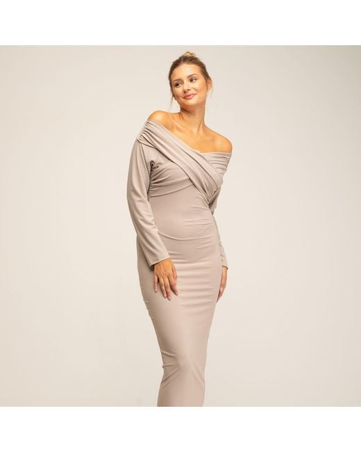 Tantra Spain Sl Natural Neutrals Long Fitted Dress With Long Sleeves, V-Neck And Draped Detail On The Chest